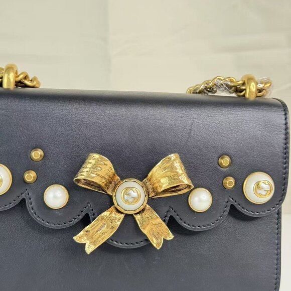 Gucci Black Pearly Peony Chain Shoulder Bag Leather - Picture 3 of 9